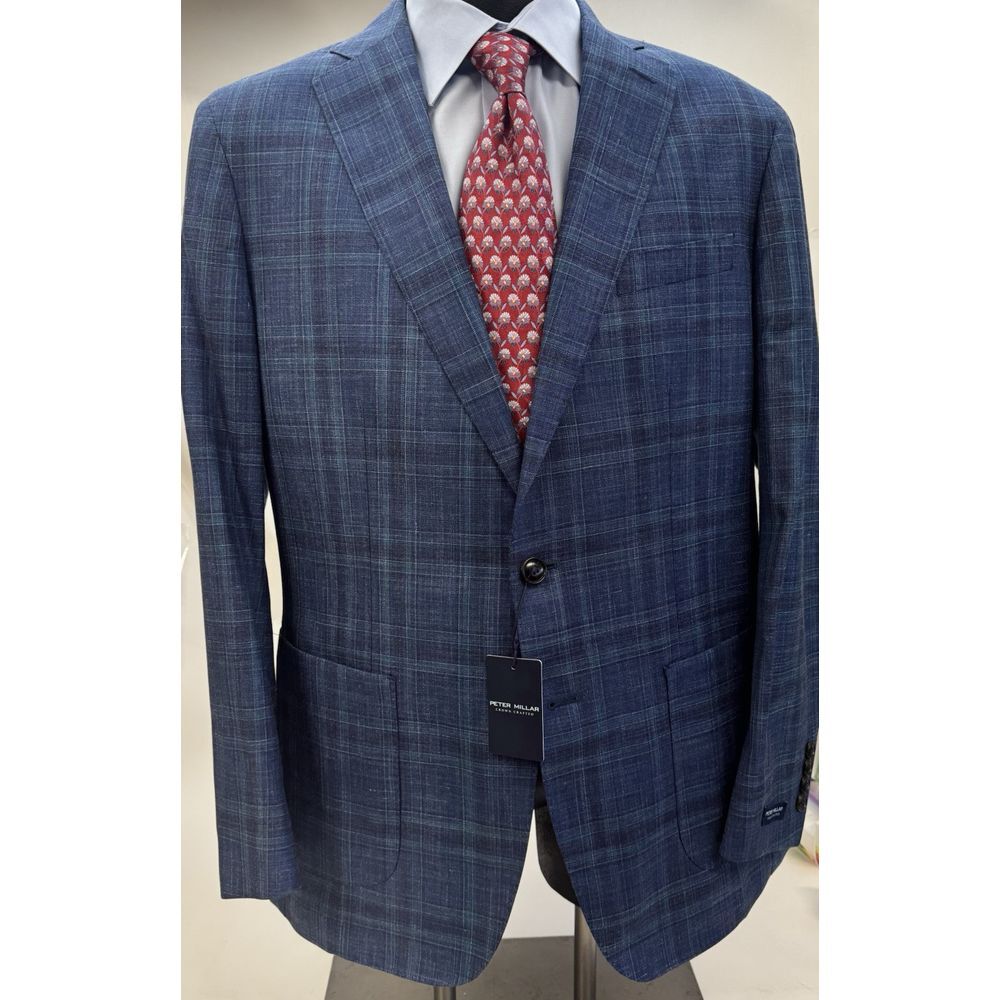 NWT Peter Millar Crown Crafted Sport Coat Blue Plaid 44R Reg Wool / Silk $1200